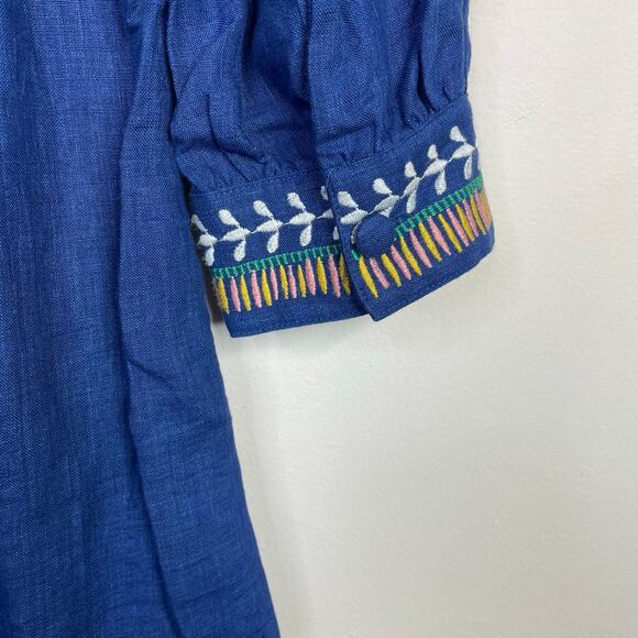 Boden Dakota Blue Linen Embroidered Long Sleeve Dress Artsy Boho Womens 4P 4 New - Picture 11 of 17